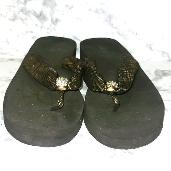 Guess Flip Flops Sandals black gold crystal rhinestone 1" platform bling - Picture 3 of 8